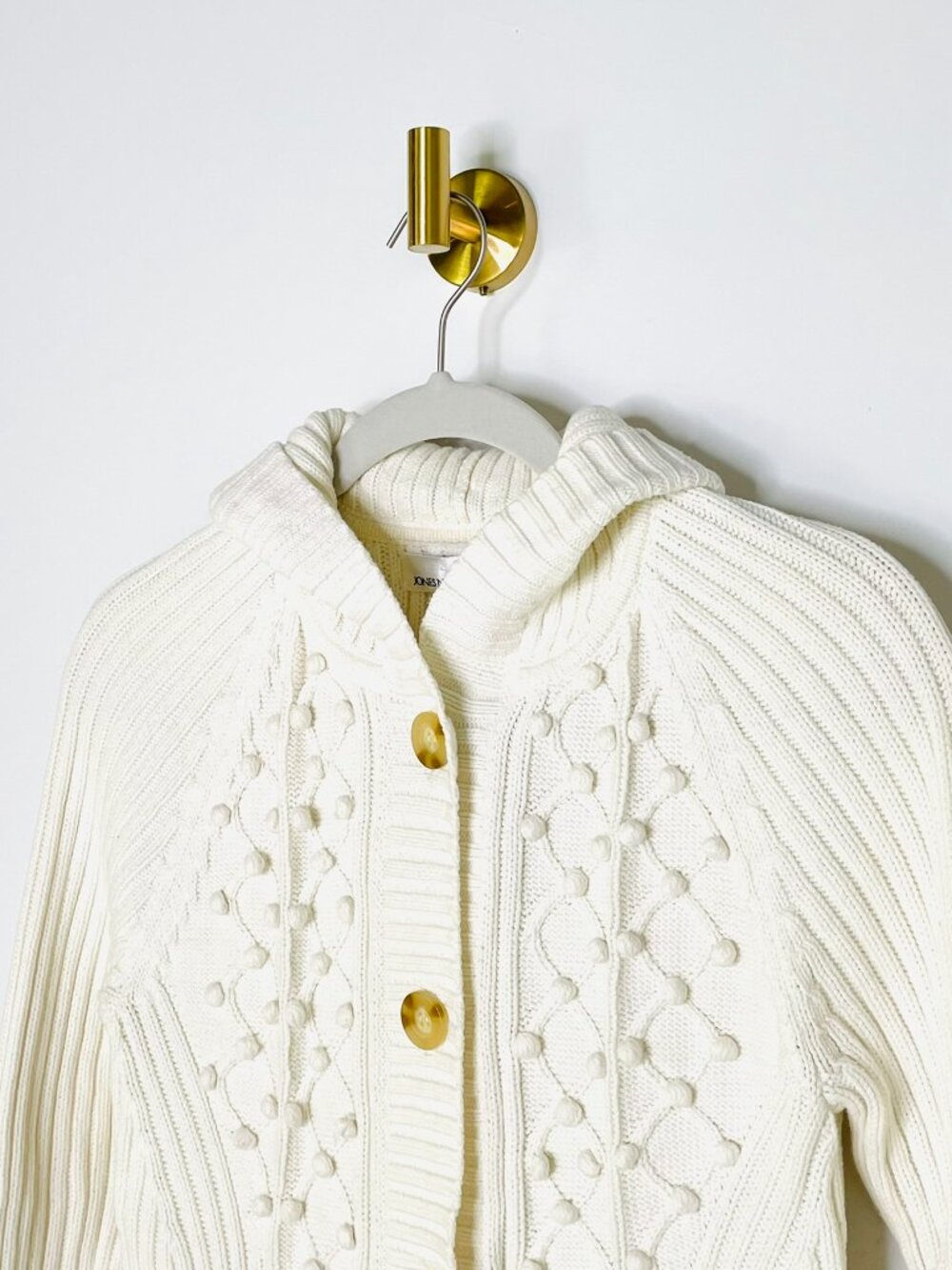 Sweater | Cable Knit Hooded Cardigan Button Front Longline Cream | Preppy Spring - Picture 3 of 12